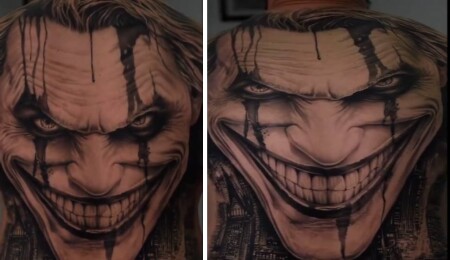 "Joker" figürüyle sırt dövmesi